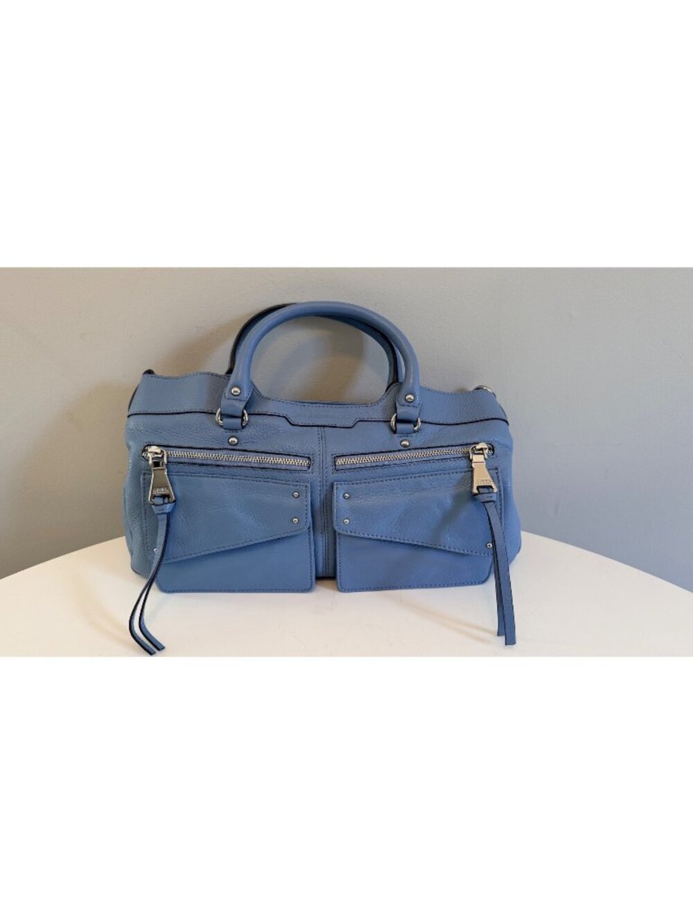 Aimee Kestenberg Blue Leather Satchel With Adjustable Strap & Front Zip Pockets